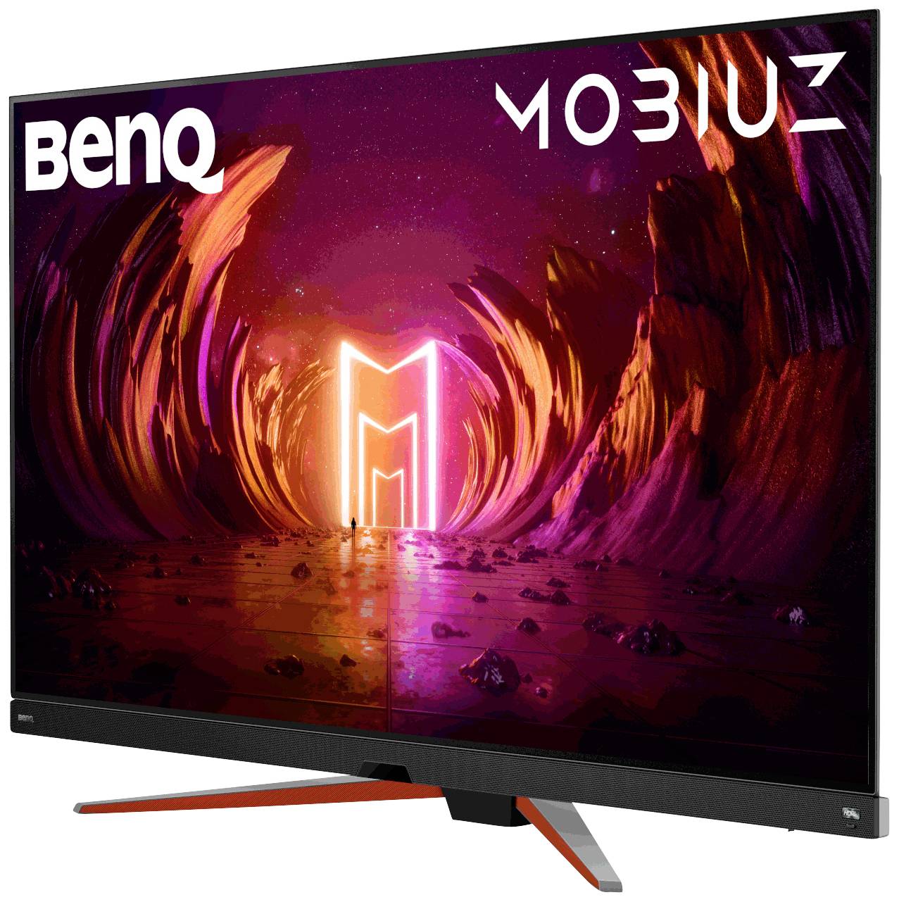 Monitor z ekranem prezentującym kolorowy, futurystyczny design. Widoczne są logo marki 'BenQ' oraz 'Mobiuz'.