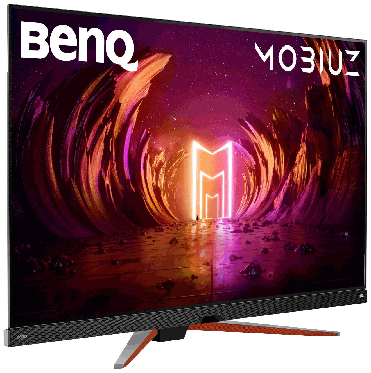 Monitor do gier firmy BenQ z wyrazistym, kolorowym designem na ekranie, przedstawiający futurystyczną, świecącą bramę.