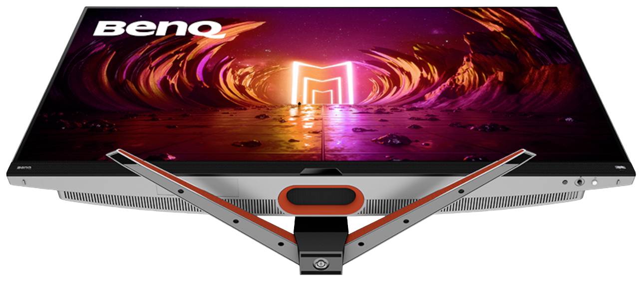 Ultrasmukły monitor do gier marki BenQ z kolorowym, futurystycznym wyświetlaczem i świecącymi akcentami świetlnymi.
