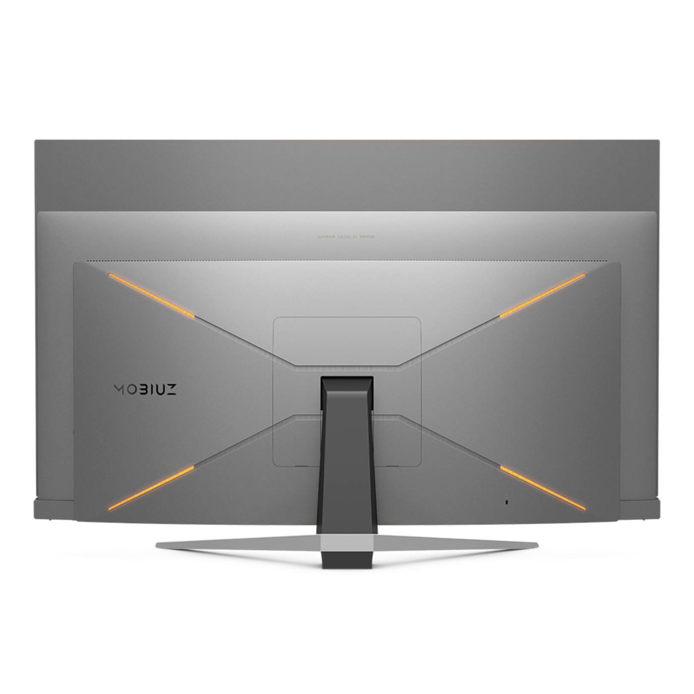 Widok z tyłu szarego monitora ze stojakiem w kształcie litery Z, pomarańczowymi elementami świetlnymi oraz nazwą marki 'MOBIUZ'.