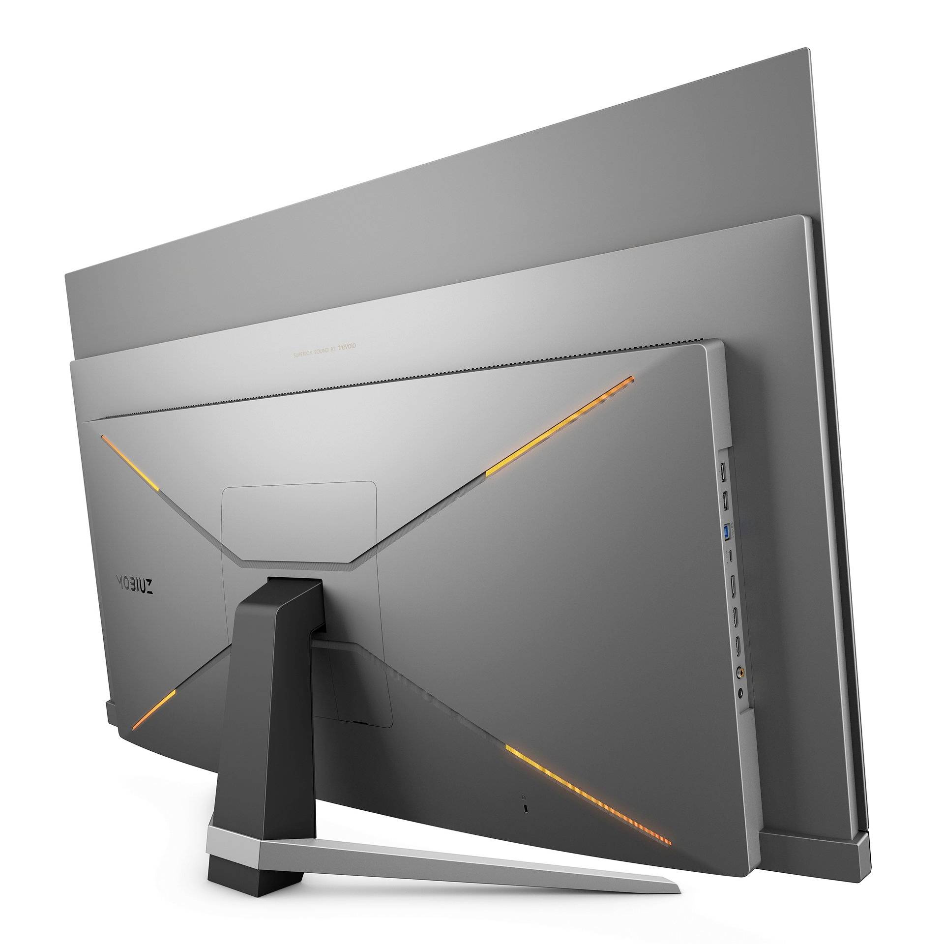 Nowoczesny ekran komputerowy widziany od tyłu z wąską ramką, pochylonym podstawką i podświetlanymi akcentami, połączony ze wspornikiem.