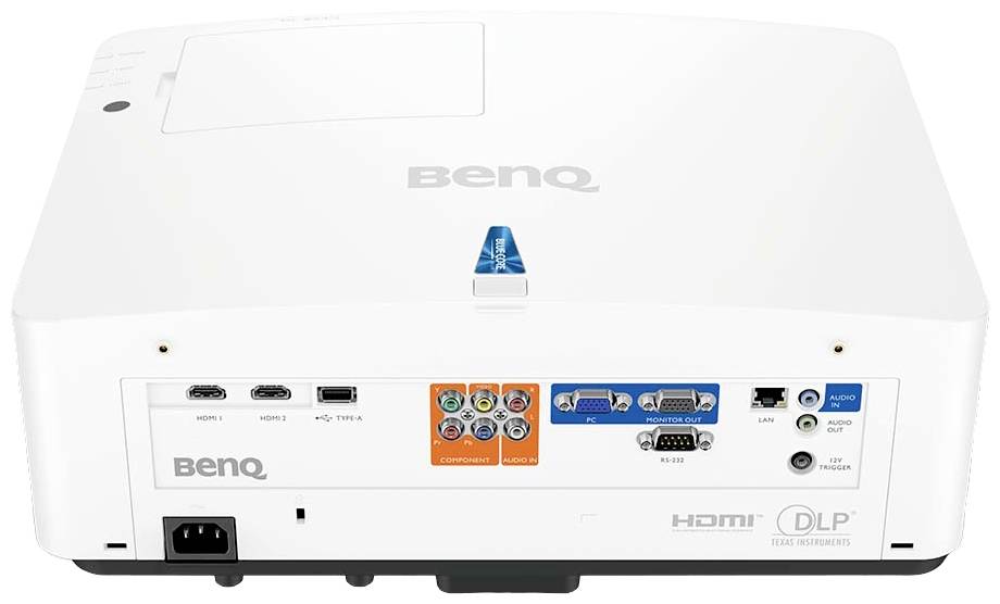 Widok z tyłu białego projektora BenQ z różnymi złączami wejściowymi, w tym portami HDMI, VGA i audio.