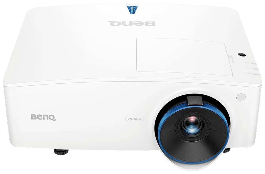 Biały projektor marki BenQ z okrągłą soczewką z przodu, odpowiedni do prezentacji lub zastosowań w domowym kinie.