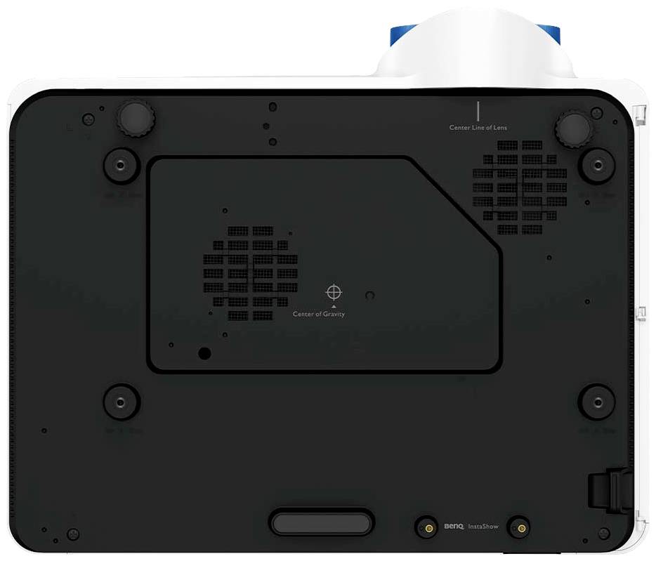 Spód projektora z kratkami wentylacyjnymi i punktami mocowania. Zaznaczone kluczowe punkty dla bezpiecznego montażu.