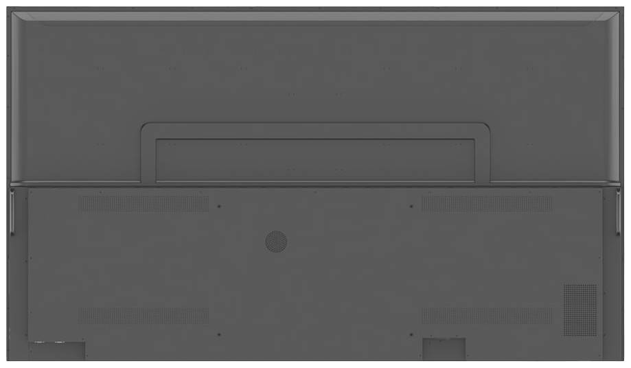 Widok z tyłu telewizora płaskiego z otworami do montażu naściennego i kratkami wentylacyjnymi.