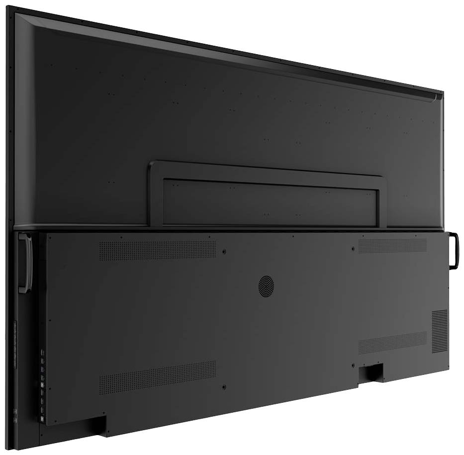 Widok z tyłu dużego czarnego telewizora lub monitora z płaskim ekranem, z widocznymi kratkami wentylacyjnymi i złączami.