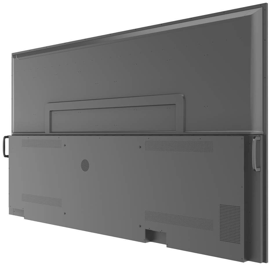Widok z tyłu dużego płaskiego ekranu z uchwytami po bokach, otworami wentylacyjnymi i sekcją przyłączy.