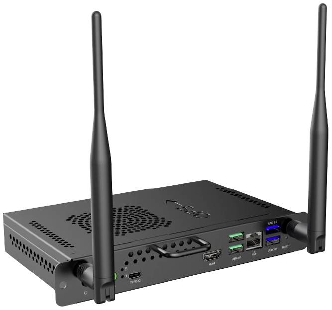 Mały czarny komputer z dwoma antenami. Na przedniej ścianie znajduje się kilka portów, w tym USB i HDMI.