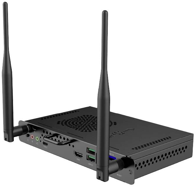 Czarny, prostokątny router sieciowy z dwiema antenami i kilkoma portami z przodu, w tym HDMI i USB.