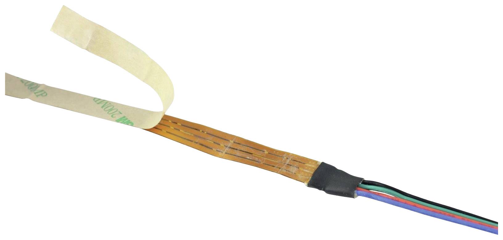 Płaski kabel z czterema kolorowymi ścieżkami przewodzącymi, zakończony czarną izolacją, z elastycznym, złotym odcinkiem i usuwalną taśmą klejącą.