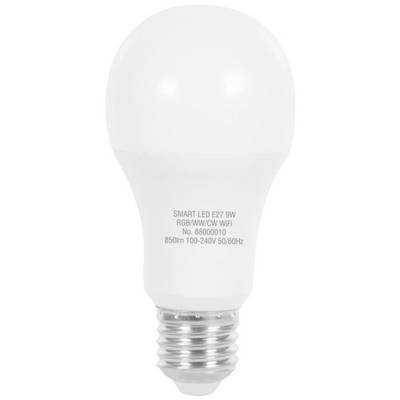 Biała żarówka LED z gwintem E27. Obsługuje moc 9W, posiada funkcje RGB/WiFi i charakteryzuje się strumieniem świetlnym 850 lm, przeznaczona do napięcia 100-240V.