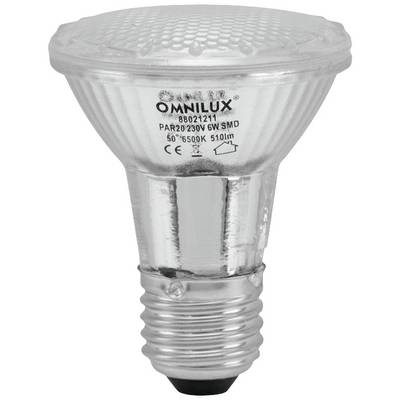 Przezroczysta żarówka LED z gwintem, oznaczona jako 'Omnilux', 6W, 230V, 6500K, 510 lumenów, w technologii SMD.