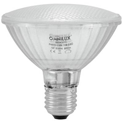 Lampa LED PAR30 marki Omnilux o mocy 11W, 230V, strumieniu świetlnym 900 lm, temperaturze barwowej 6500K. Posiada oprawkę E27 i powierzchnię odbijającą.