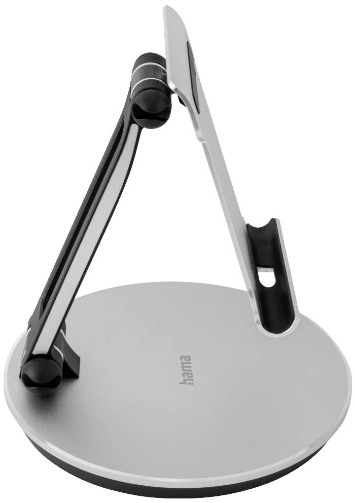 Srebrny, regulowany stojak na biurko z okrągłą podstawą i obrotowym ramieniem do trzymania tabletów lub smartfonów.