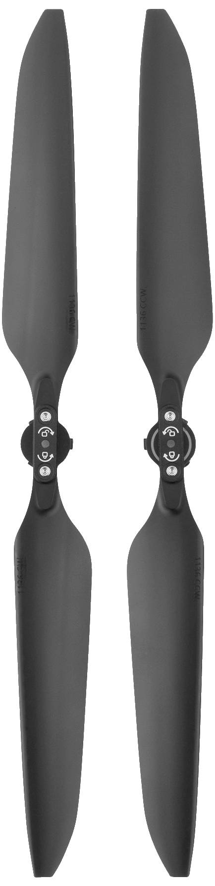 Dwa czarne śmigła, ustawione równolegle, z centralnymi mocowaniami śrub.