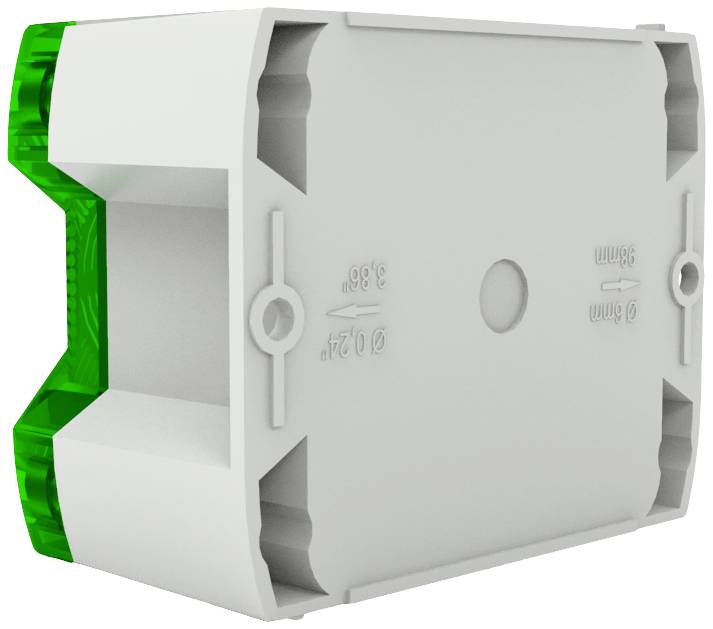 Białooka obudowa z tworzywa sztucznego w kształcie prostokąta z zielonymi zaślepkami końcowymi, z widocznymi po bokach zagłębieniami na śruby, odpowiednia do instalacji elektrycznych.