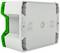 Biała elektryczna puszka ścienna z zielonymi elementami, używana do montażu podłączeń elektrycznych w ścianie.