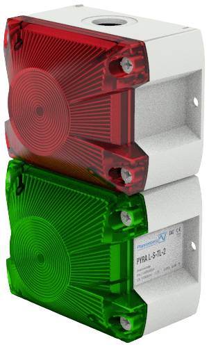 Dwa prostokątne, możliwe do ułożenia w stos moduły sygnalizacyjne: górna część czerwona, dolna zielona. Każdy moduł posiada na powierzchni koncentryczne, okrągłe kręgi.