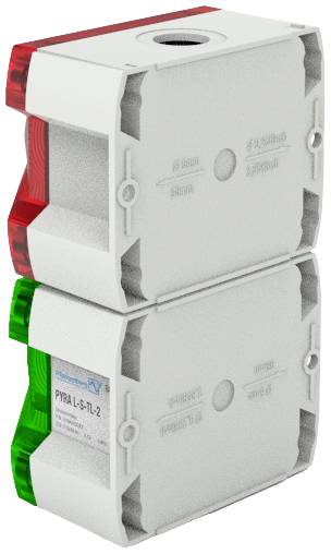 Dwa prostokątne obudowy z tworzywa sztucznego zamontowane jedna nad drugą, z czerwonymi i zielonymi elementami bocznymi, prawdopodobnie komponenty elektryczne.