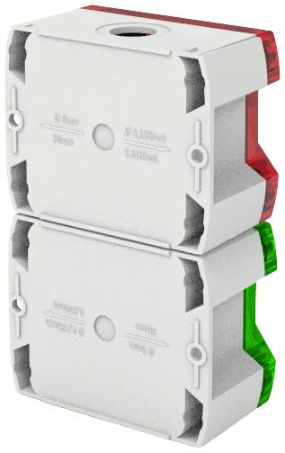 Dwie białe, ułożone na sobie elementy z tworzywa sztucznego z czerwonymi i zielonymi zaślepkami, najprawdopodobniej obudowy elektryczne lub części adaptera.