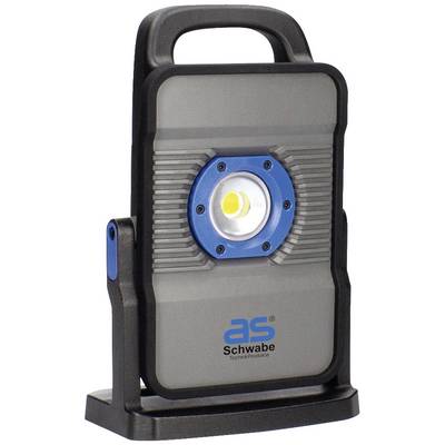 Przenośna lampa robocza LED z uchwytem, o niebiesko-srebrnej przedniej części, z centralnie umieszczoną lampą LED, logo 'as - Schwabe' na dole, w obudowie z tworzywa sztucznego.