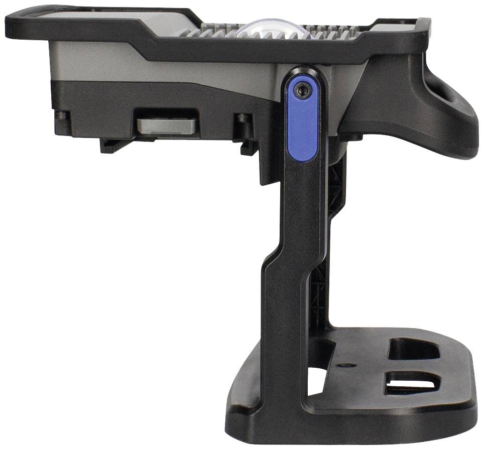 Widok z boku przenośnego reflektora z możliwością regulacji, wyposażonego w ergonomiczny uchwyt, niebieski przycisk i stabilną podstawę.