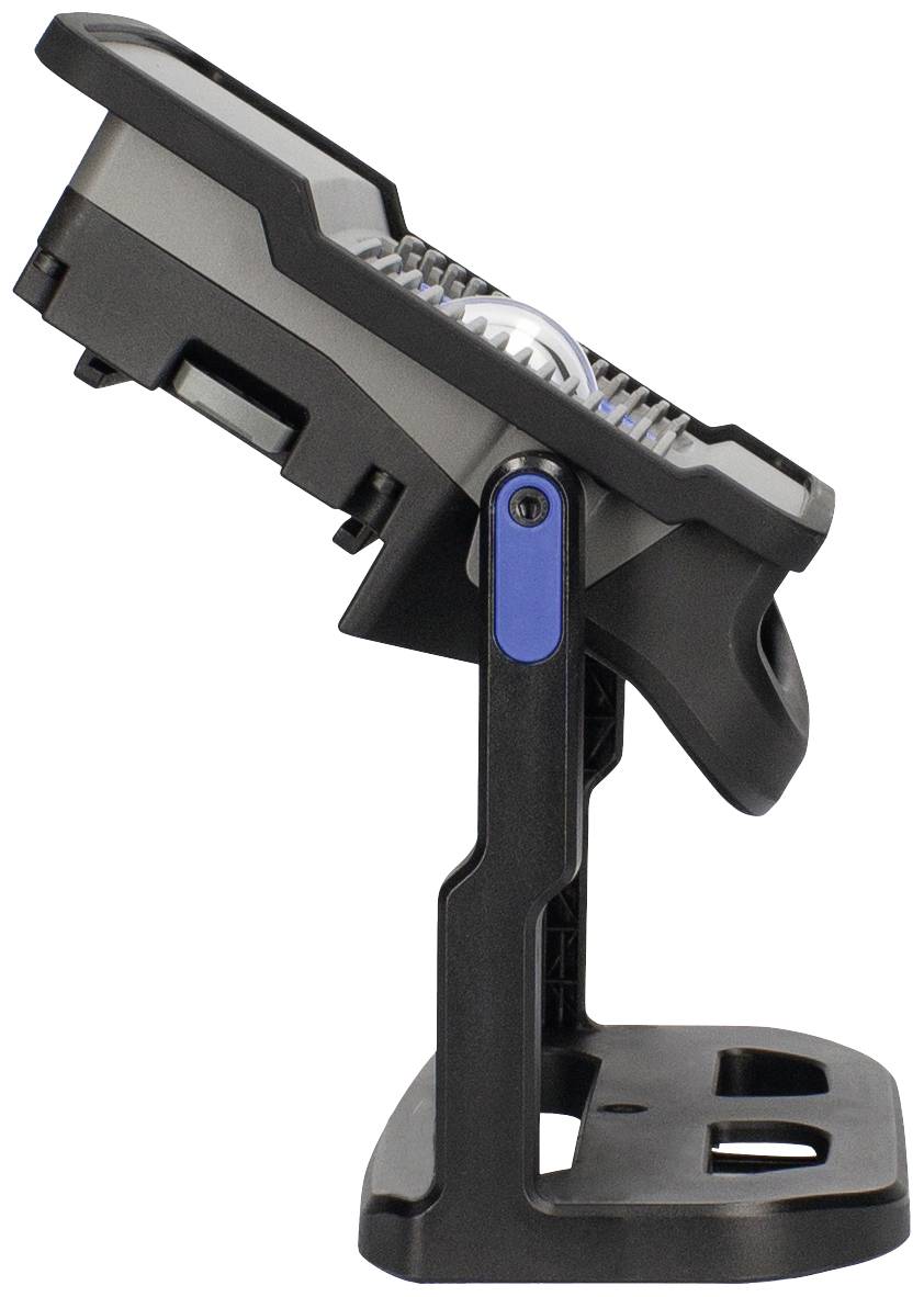 Widok z boku regulowanego, czarnego uchwytu na urządzenia z niebieskimi akcentami. Odpowiedni do bezpiecznego mocowania urządzeń elektronicznych.