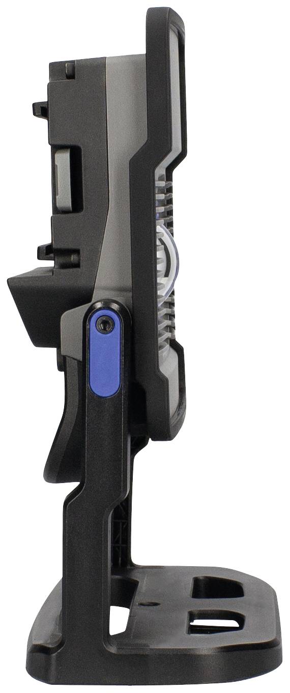 Widok z boku czarnego monitora na podstawce, z niebieskim przyciskiem z boku.