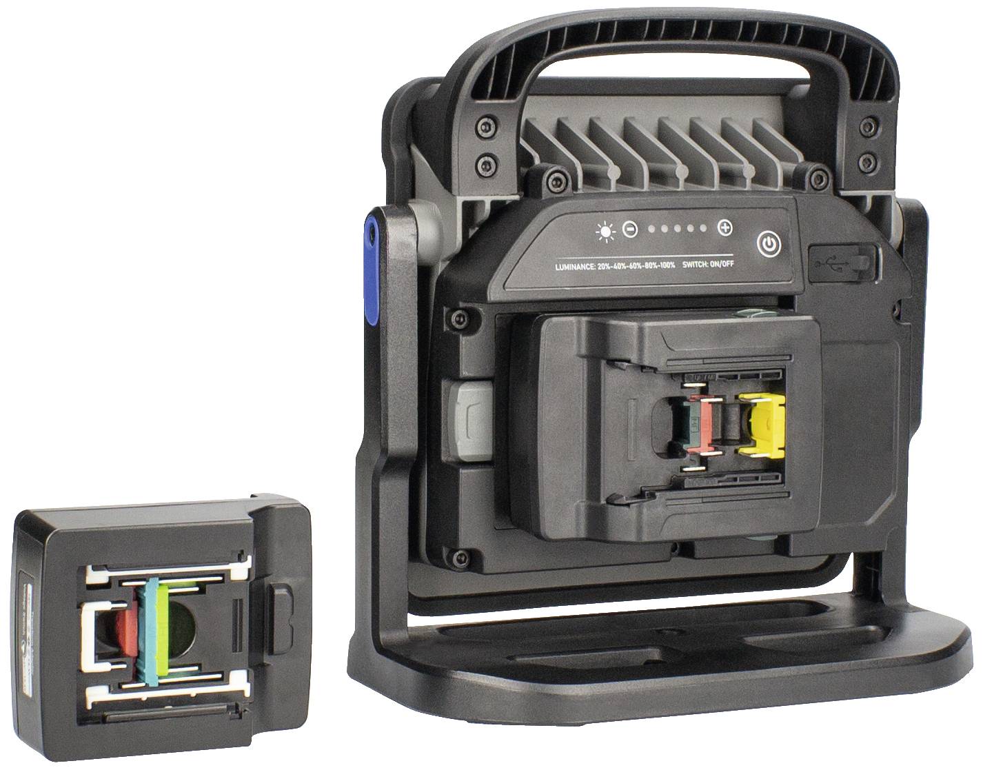 Ładowarka z wymiennym akumulatorem, oba w czarnej obudowie. Akumulator posiada złącza kodowane kolorami: niebieskim, zielonym, czerwonym i żółtym.