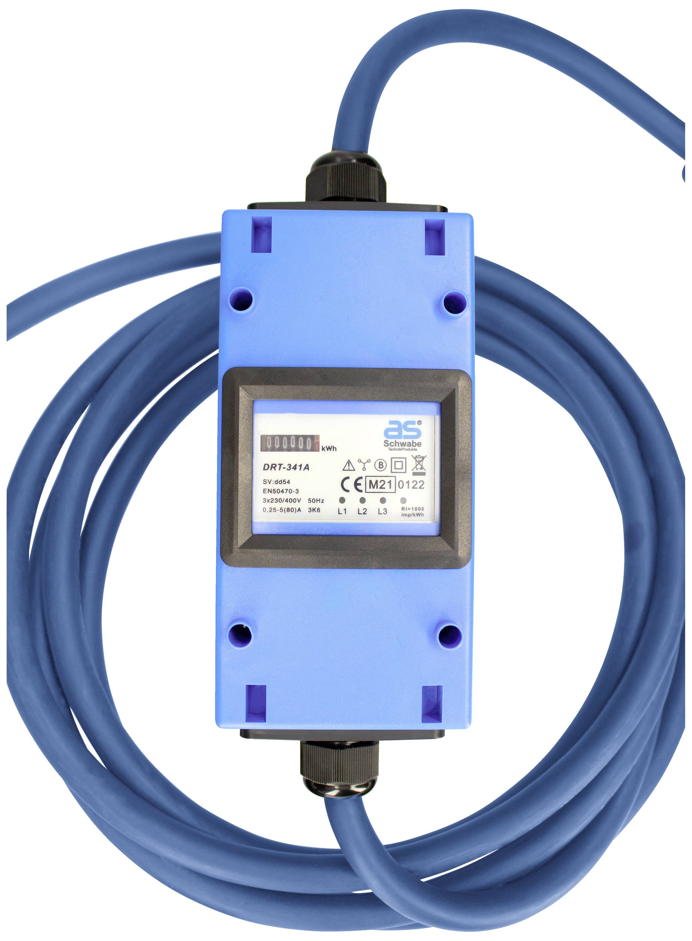 Niebieski elektroniczny sprzęt z kablami, prezentujący etykietę z informacjami technicznymi, certyfikatami i numerem modelu.