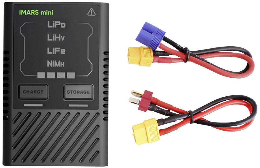 Ładowarka do akumulatorów z wyświetlaczem obsługiwanych typów baterii: 'LiPo', 'LiHv', 'LiFe', 'NiMH'. Dwa przewody ładujące z złączami.