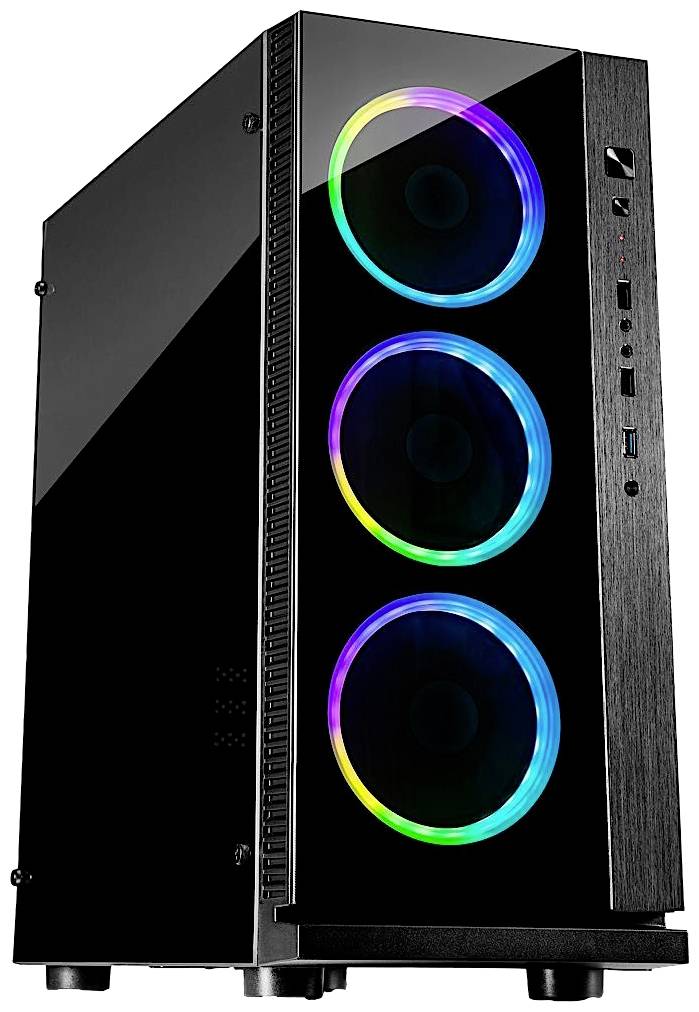 Czarna obudowa komputera z przednią ścianką ze szkła prezentuje trzy wentylatory z kolorowymi podświetlanymi pierścieniami LED. Złącza są widoczne z przodu.