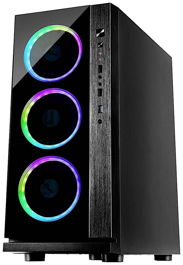 Czarno-srebrna obudowa komputera z trzema świecącymi wentylatorami RGB z przodu, wieloma portami i prostym, nowoczesnym wzornictwem.