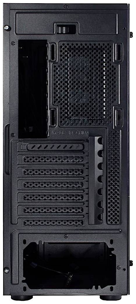 Tylna strona czarnej obudowy komputera z otworami wentylacyjnymi i kilkoma slotami rozszerzeń.