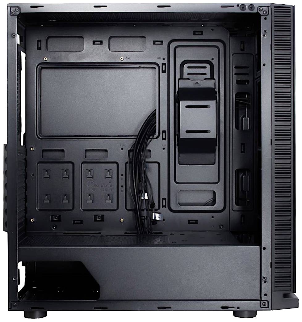 Otwarta, pusta metalowa obudowa komputera z wieloma miejscami montażowymi dla podzespołów. Widoczne są kanały do prowadzenia kabli.