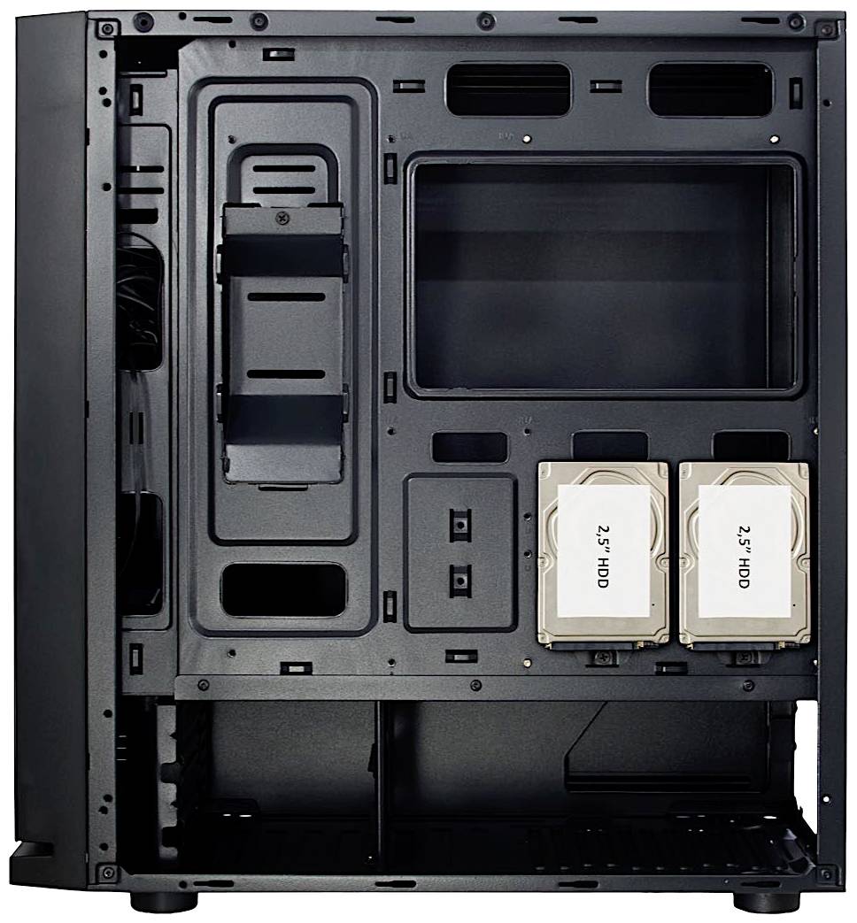 Czarna obudowa komputera z otwartym panelem bocznym, ukazująca wnętrze z dwoma zamontowanymi mocowaniami na dyski twarde 3,5 cala.