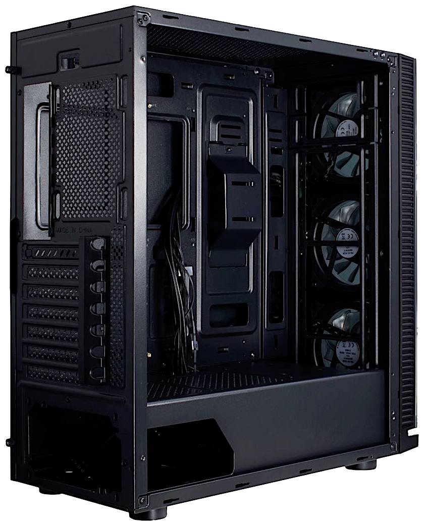 Puste obudowa komputerowa wykonana z czarnego metalu, wyposażona w kilka wbudowanych wentylatorów z przodu, gotowa do zamontowania podzespołów.