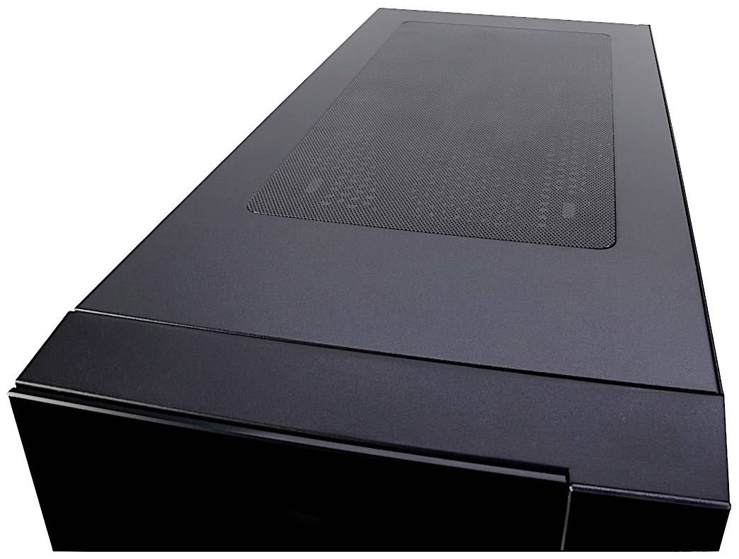 Czarna obudowa komputera z wentylowanym panelem górnym, o prostokątnym kształcie, o prostym i eleganckim designie, przeznaczona do komputerów domowych lub biurowych.