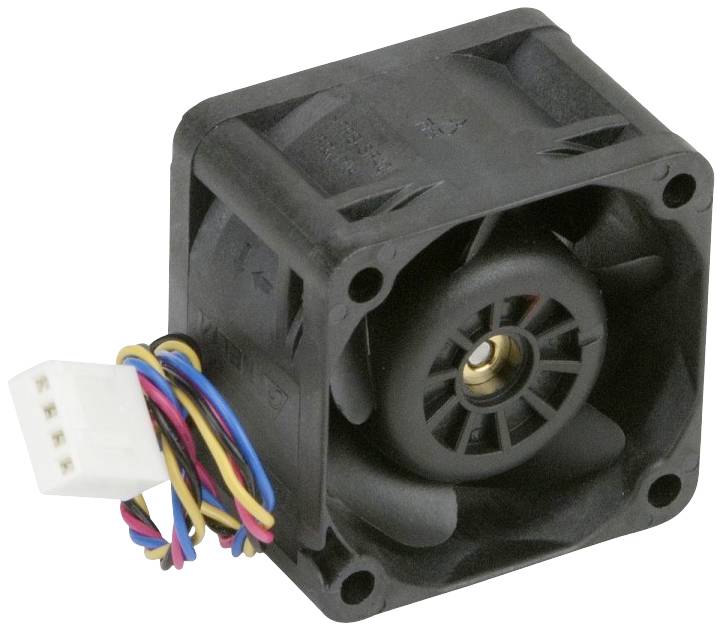 Mały czarny komputer chłodzący z czterema łopatkami wentylatora i kolorowym złączem kablowym.