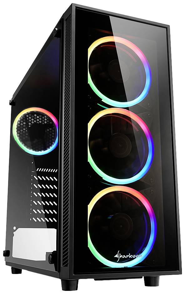 Czarna obudowa komputera z przezroczystym panelem bocznym prezentuje cztery podświetlone wentylatory z podświetleniem RGB, które tworzą kolorowe efekty świetlne.