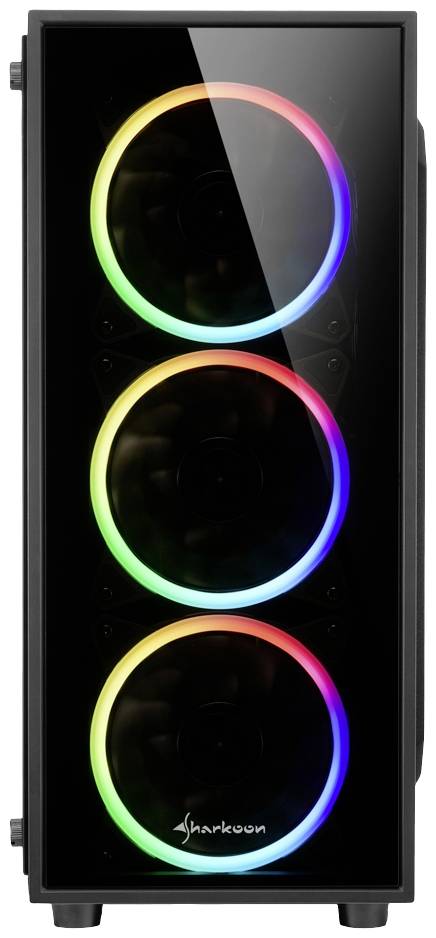 Czarna obudowa komputera ze szklaną przednią ścianką i trzema podświetlanymi wentylatorami RGB.