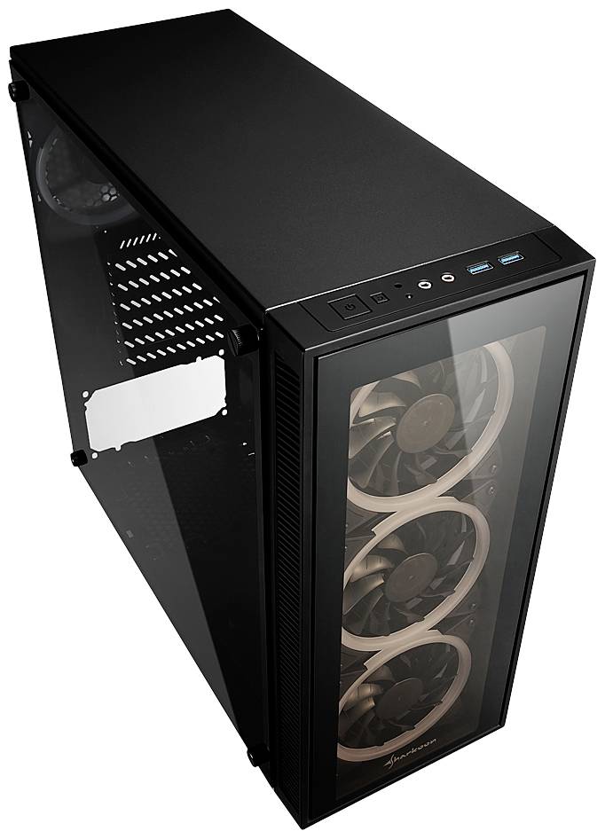 Czarna obudowa komputera z przezroczystą boczną ścianką, z trzema widocznymi wentylatorami na przedniej części.
