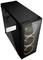 Czarna obudowa komputera z przezroczystą boczną ścianką, z trzema widocznymi wentylatorami na przedniej części.