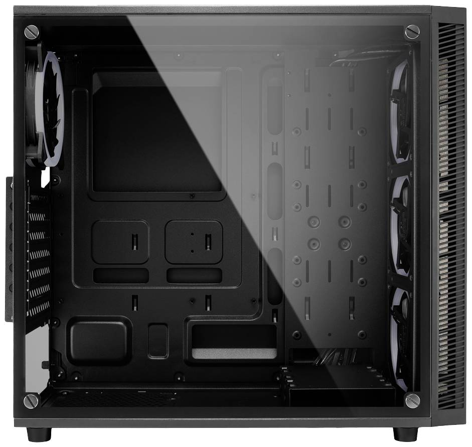 Czarna obudowa komputera z oknem bocznym, otwarta z boku. W środku widoczne są liczne miejsca na wentylatory i obszerna przestrzeń wewnętrzna.
