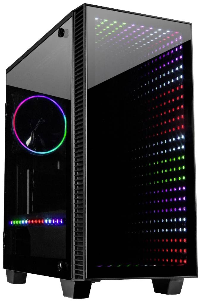 Czarna obudowa komputera z przezroczystymi ściankami bocznymi, podświetlona kolorowymi diodami LED.