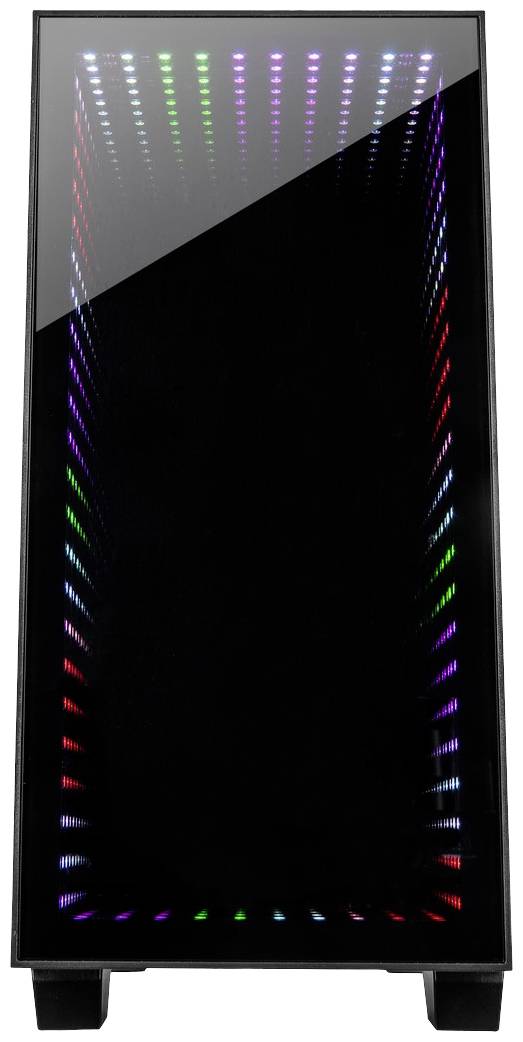 Czarna obudowa z diodami LED, które tworzą nieskończony efekt tunelu. Kolorowe światła ułożone w rzędach.