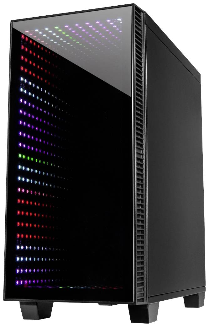 Czarna obudowa komputera z lustrzaną przednią ścianką, na której widać kolorowe światła LED.