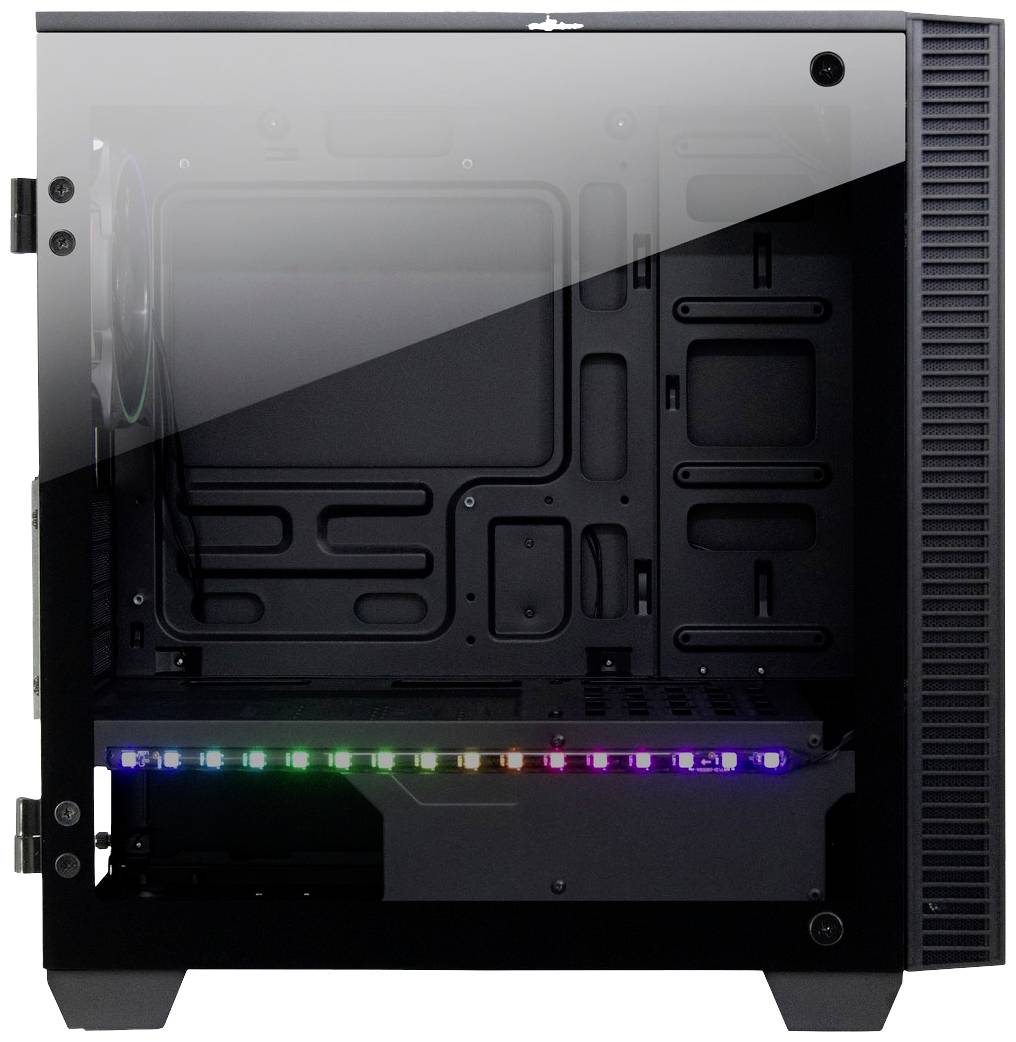 Czarna obudowa komputera z przezroczystą ścianką boczną i świecącą listwą LED wewnątrz, bez zamontowanych komponentów.