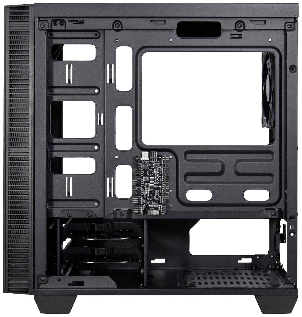 Pusta obudowa komputerowa w kolorze czarnym z wieloma miejscami montażowymi i otworami wentylacyjnymi, gotowa do instalacji podzespołów komputerowych.