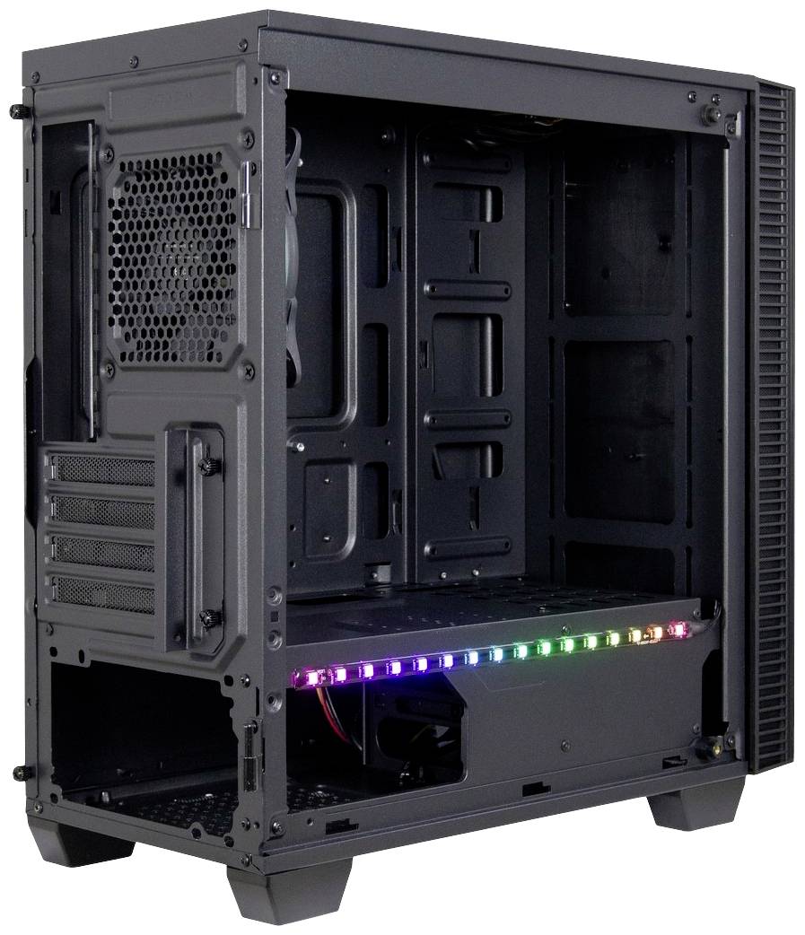 Puste obudowa komputera z podświetleniem RGB we wnętrzu. Obudowa przedstawia otwory na wentylatory i komponenty.